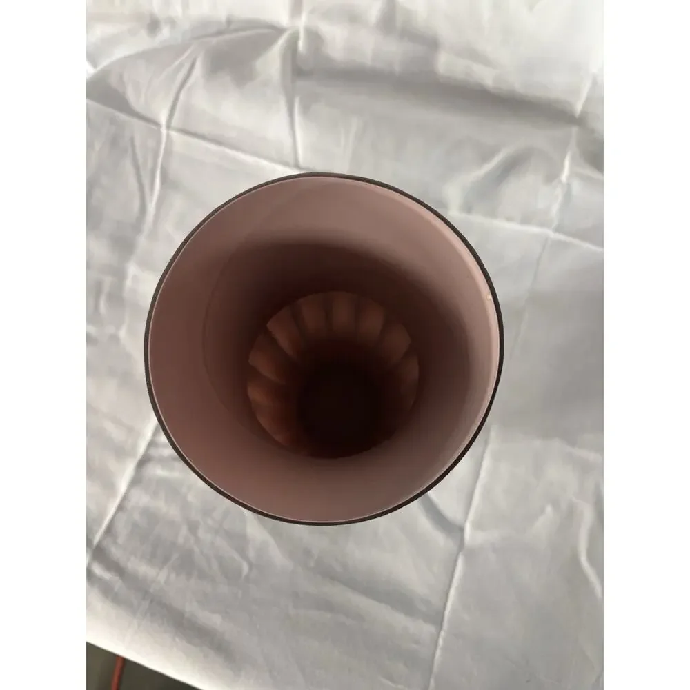 Vintage Amethyst Satin Art Glass Vase Frosted Plum Ribbed Flared White Swirl9.5”